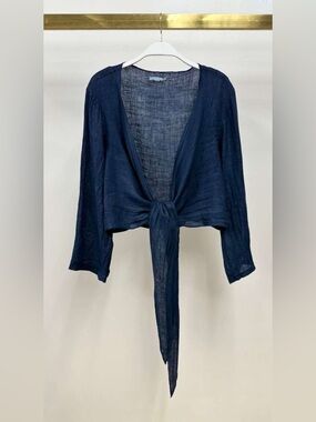 (113108-NAVY) LINEN LONG SLEEVE TIE TOP
